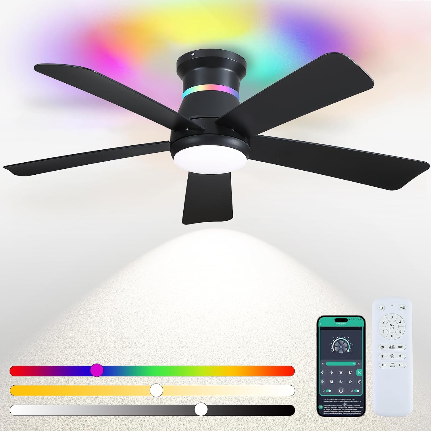 Ceiling Fan Mount - พัดลมเพดานสีดำขนาด 46 นิ้ว พร้อมไฟ RGB -