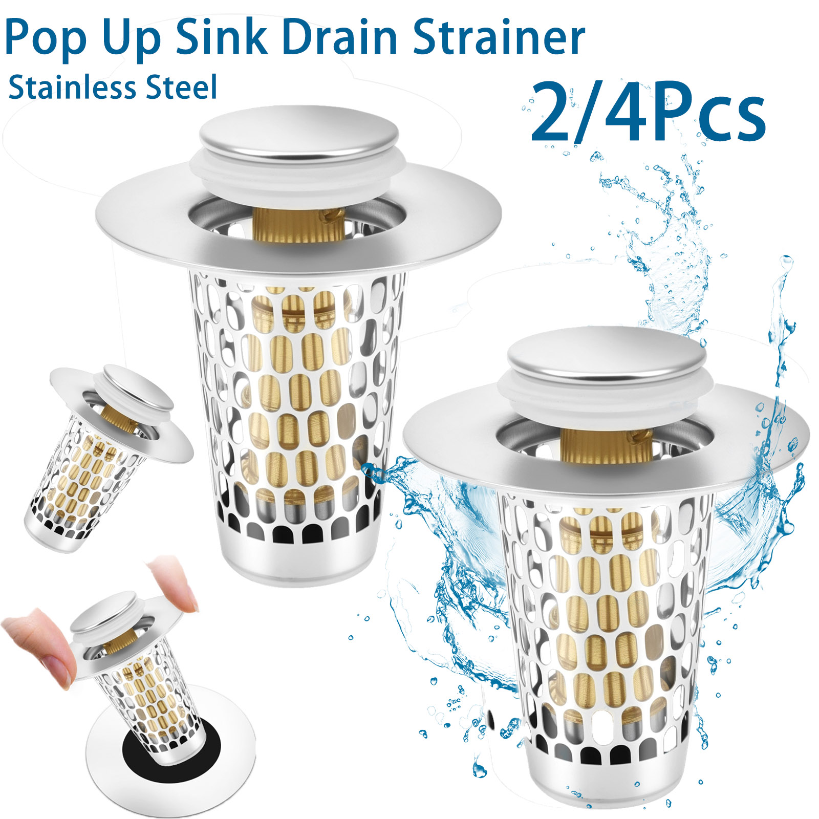 Sink Drain Strainer - ตัวกรองท่อระบายน้ำแบบป๊อปอัพ 2/4 ชิ้น ทำจากสแตนเลส สำหรับอ่างล้างจานในห้องน้ำและห้องครัว ป้องกันเส้นผมและแมลง
