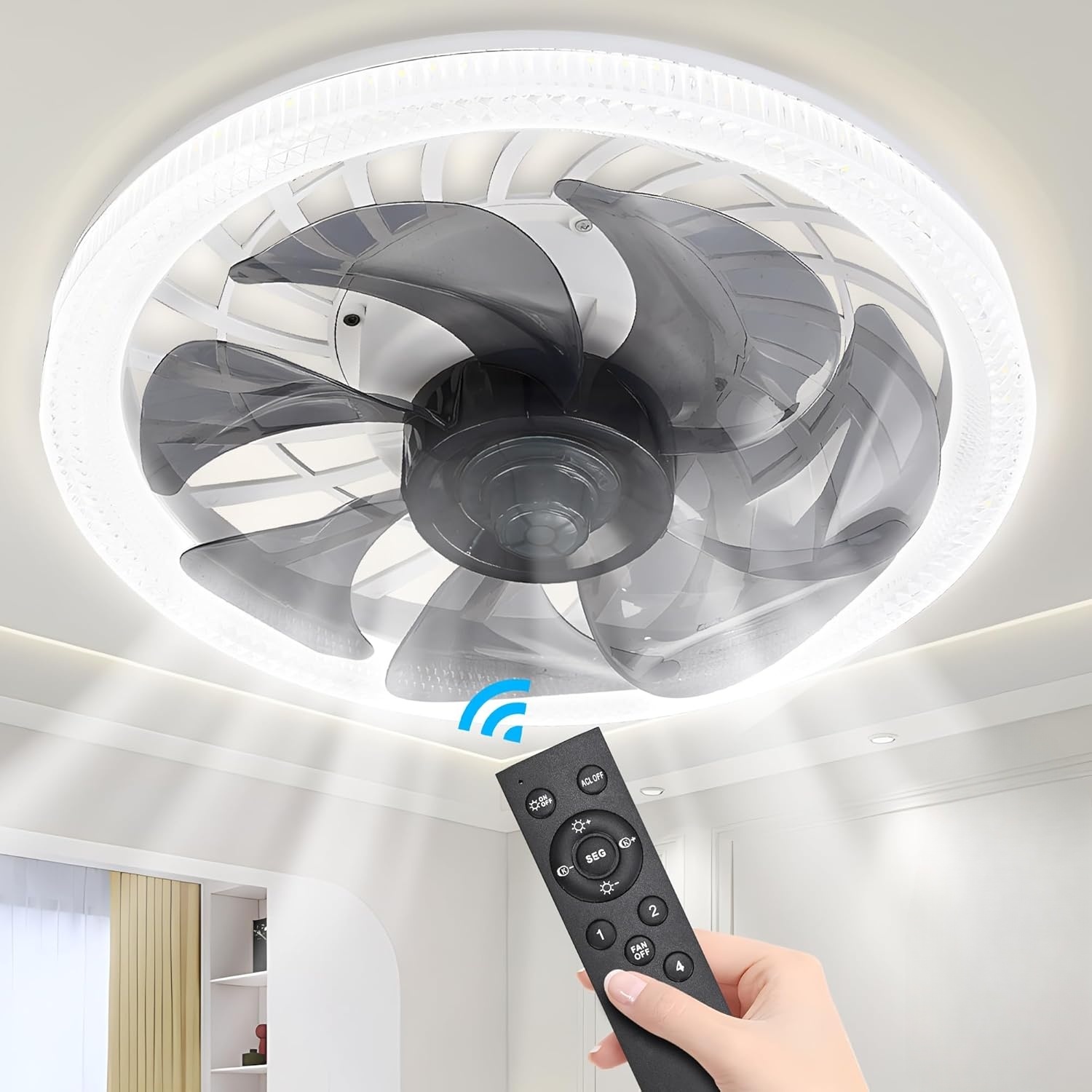 Ceiling Fan Mount - พัดลมเพดานพร้อมไฟ, ไฟพัดลมซ็อกเก็ตพร้อมรีโมท, หรี่แสงได้ 3000K-6500K, ซ็อกเก็ต Modern